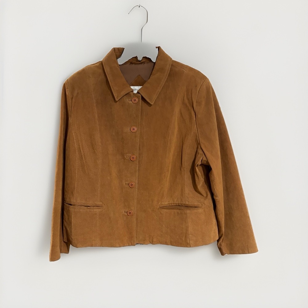 Kathy Ireland Womens XL Tan Suede Leather Button Front Jacket Blazer H1